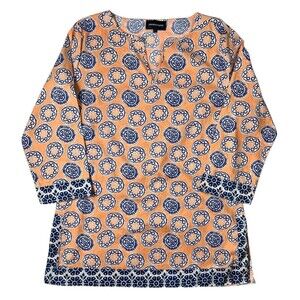 French Curve 3/4-Sleeve Tunic Top  Size L  Coral & Navy Print  Beachy  Coastal